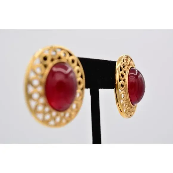 Givenchy Vintage Cabochon Earrings Red Oval Gold Chunky Signed Retro 1980s BinAZ - Picture 6 of 12